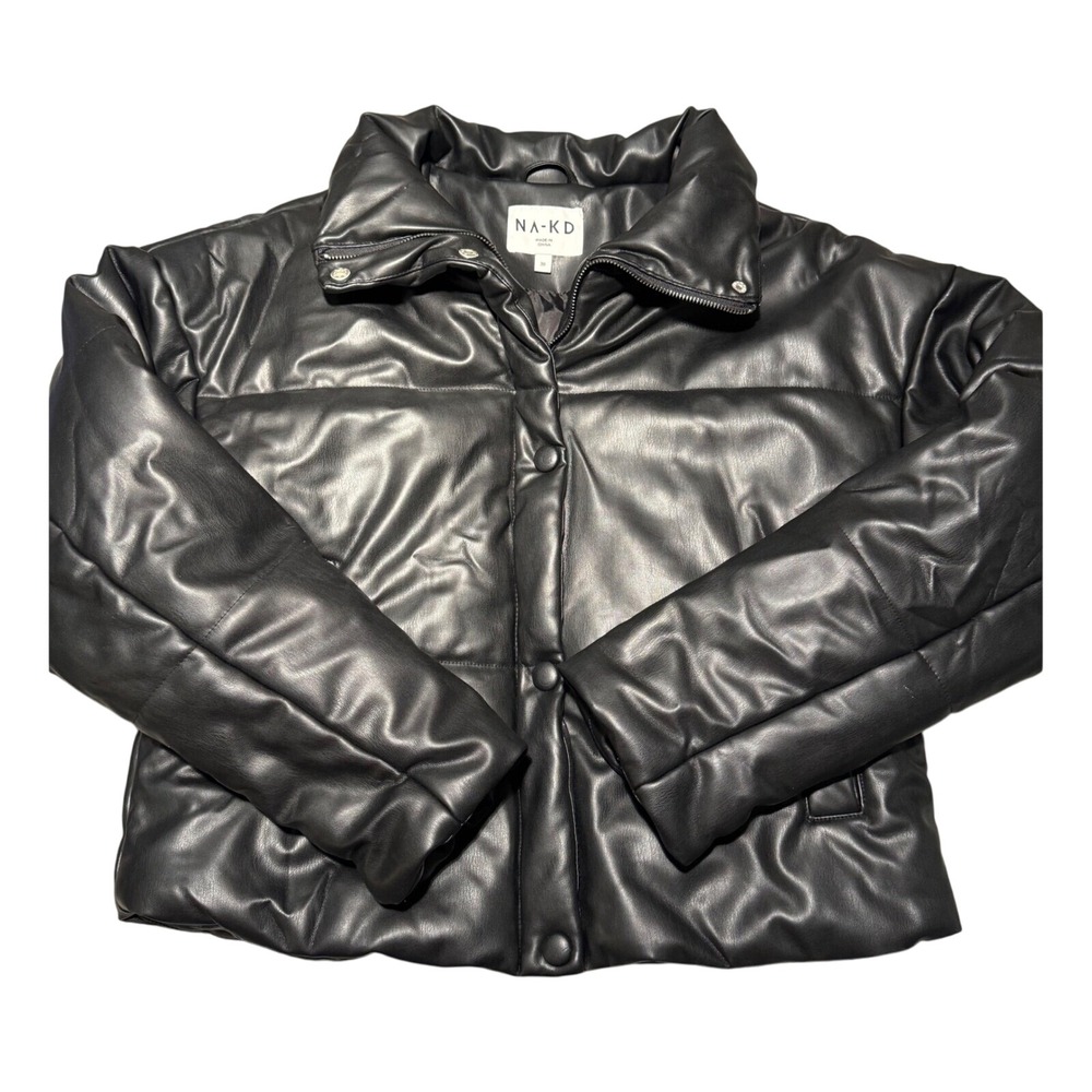 NA-KD Faux Leather Puffer Jacket Quilted Snap‎ Button Black Size 38 (Medium)